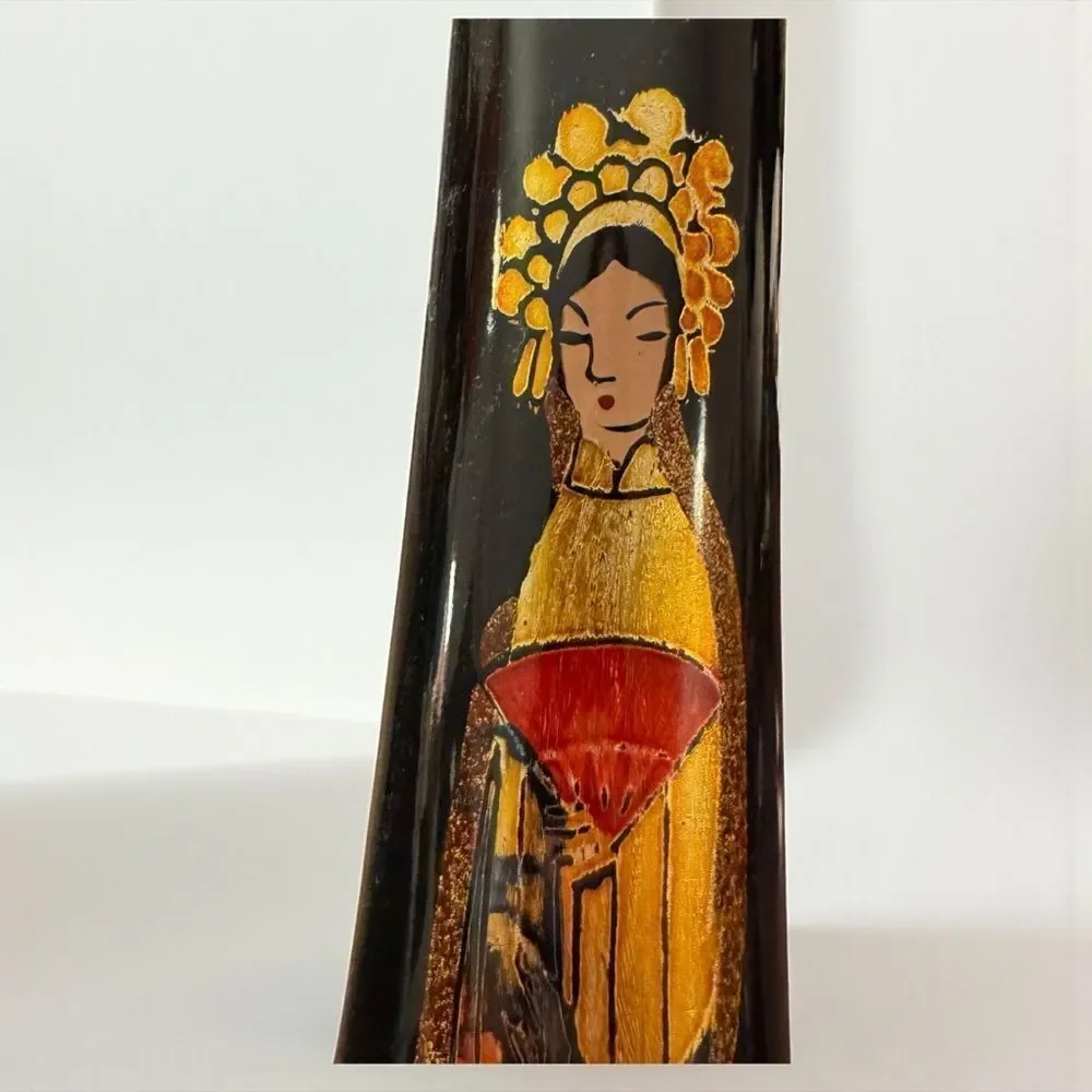 Vintage Japanese Gilded Gold Black Lacquer Tall Vase